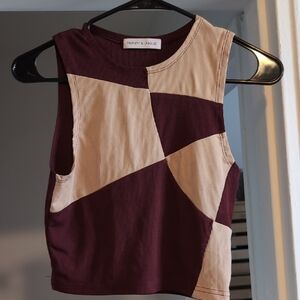 Maroon and Cream Colorblock Ribbed Crop Tank